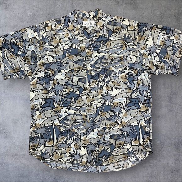 Other - Aggio Vintage 90s Abstract Hawaiian Gray Tan Button Down Shirt Men's Size Large